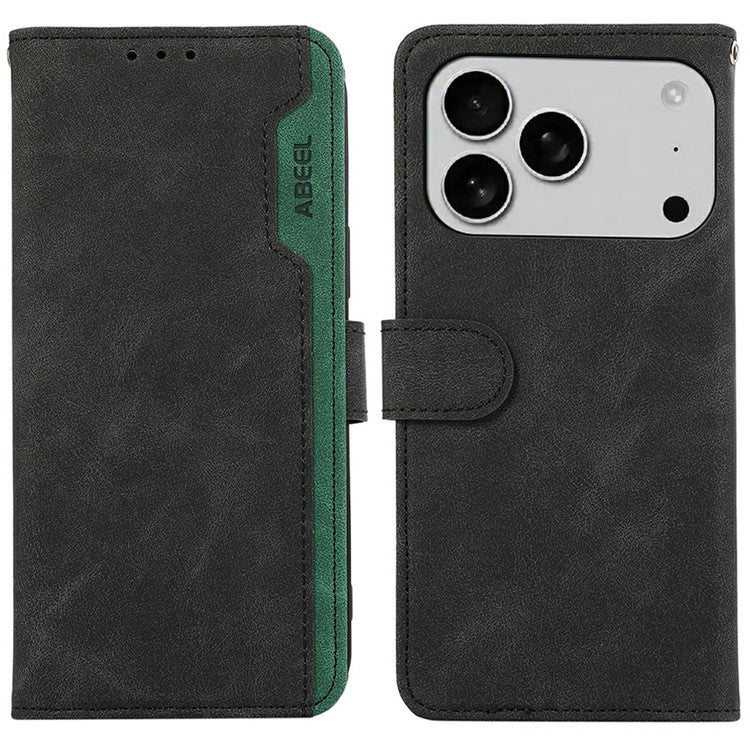 ABEEL For iPhone 17 Pro Case Color Splicing Leather Flip Phone Cover RFID Blocking - Black
