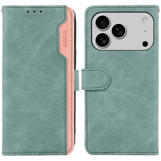 ABEEL For iPhone 17 Pro Case Color Splicing Leather Flip Phone Cover RFID Blocking - Baby Blue