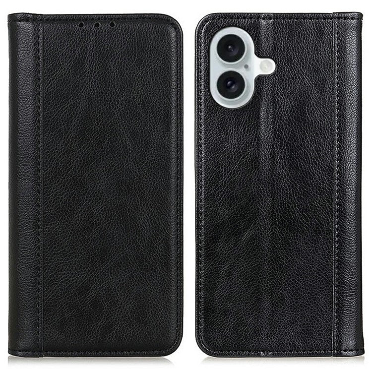 For iPhone 17 Stand Case Split Leather Litchi Texture Wallet Phone Cover - Black