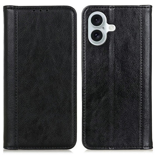 For iPhone 17 Stand Case Split Leather Litchi Texture Wallet Phone Cover - Black