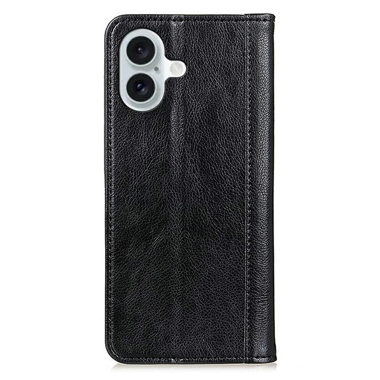 For iPhone 17 Stand Case Split Leather Litchi Texture Wallet Phone Cover - Black