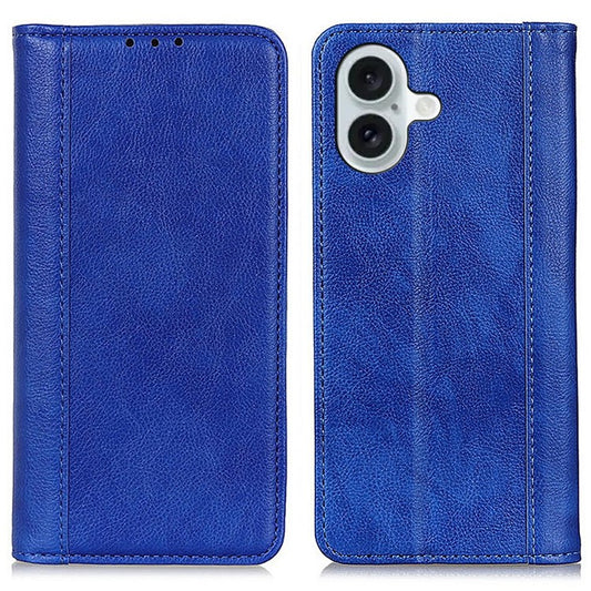 For iPhone 17 Stand Case Split Leather Litchi Texture Wallet Phone Cover - Blue