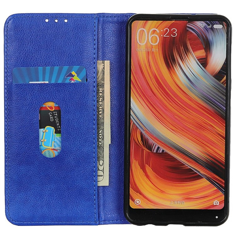 For iPhone 17 Stand Case Split Leather Litchi Texture Wallet Phone Cover - Blue