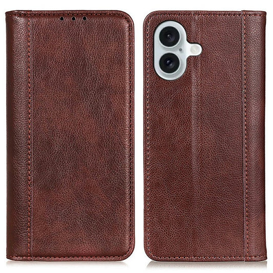 For iPhone 17 Stand Case Split Leather Litchi Texture Wallet Phone Cover - Brown