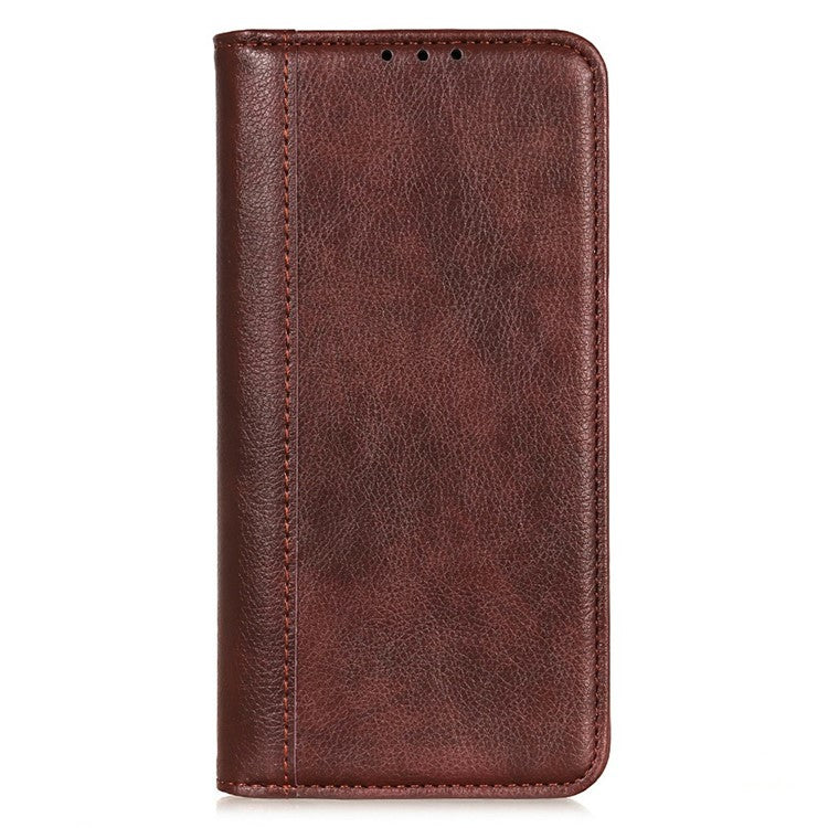 For iPhone 17 Stand Case Split Leather Litchi Texture Wallet Phone Cover - Brown
