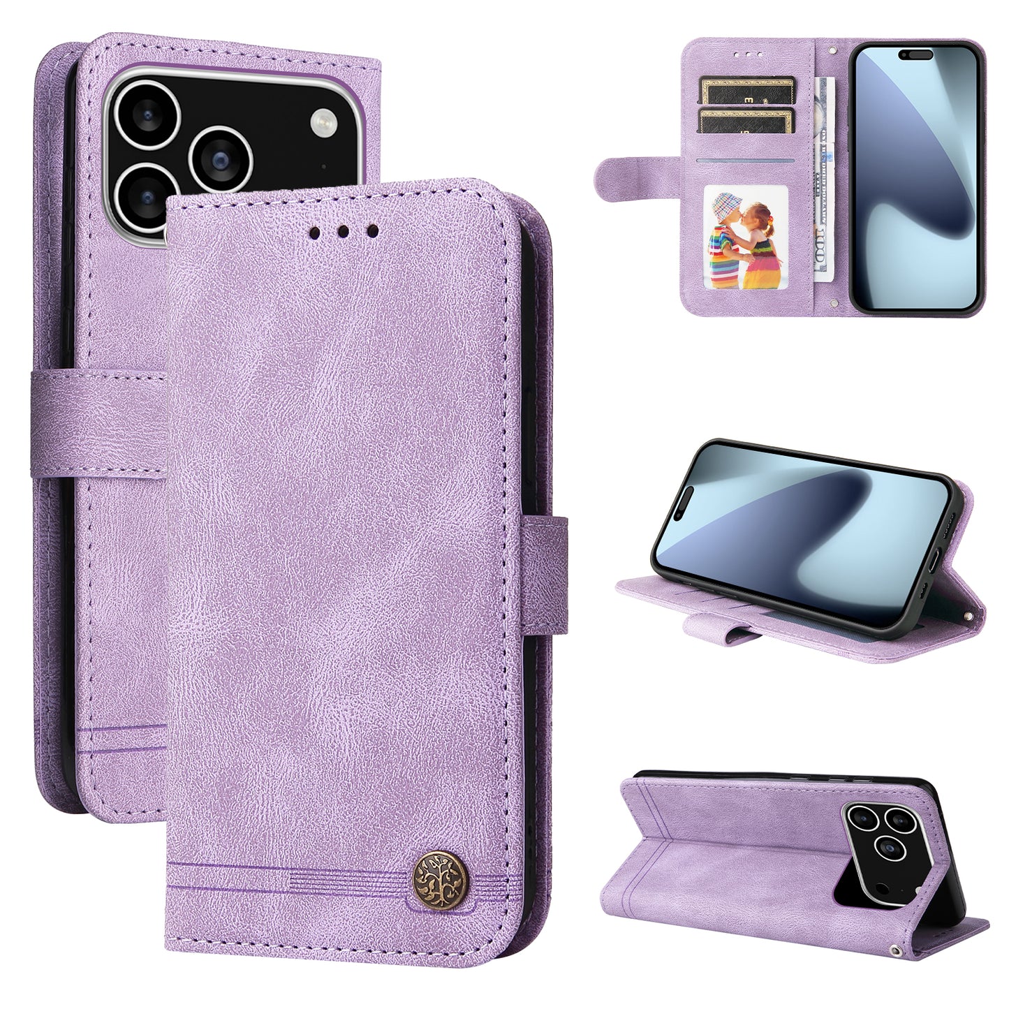 For iPhone 17 Pro Leather Wallet Cases Skin Touch Phone Cover Stand with Strap - Purple