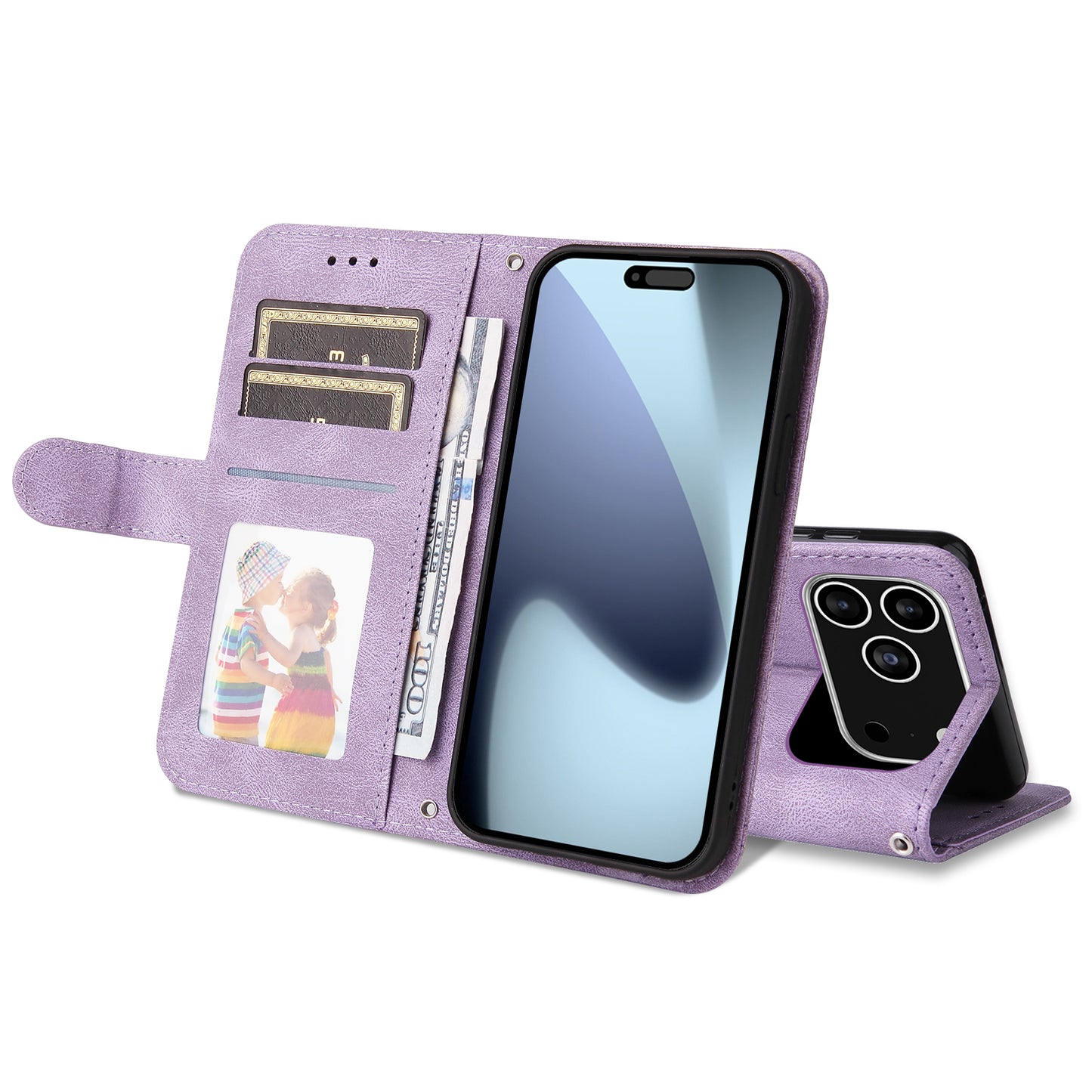 For iPhone 17 Pro Leather Wallet Cases Skin Touch Phone Cover Stand with Strap - Purple