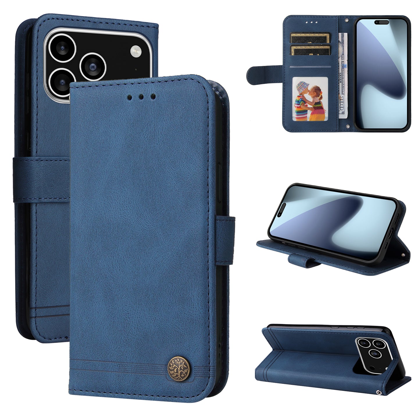 For iPhone 17 Pro Leather Wallet Cases Skin Touch Phone Cover Stand with Strap - Blue
