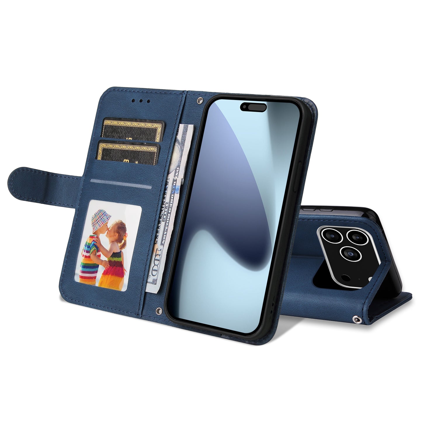For iPhone 17 Pro Leather Wallet Cases Skin Touch Phone Cover Stand with Strap - Blue