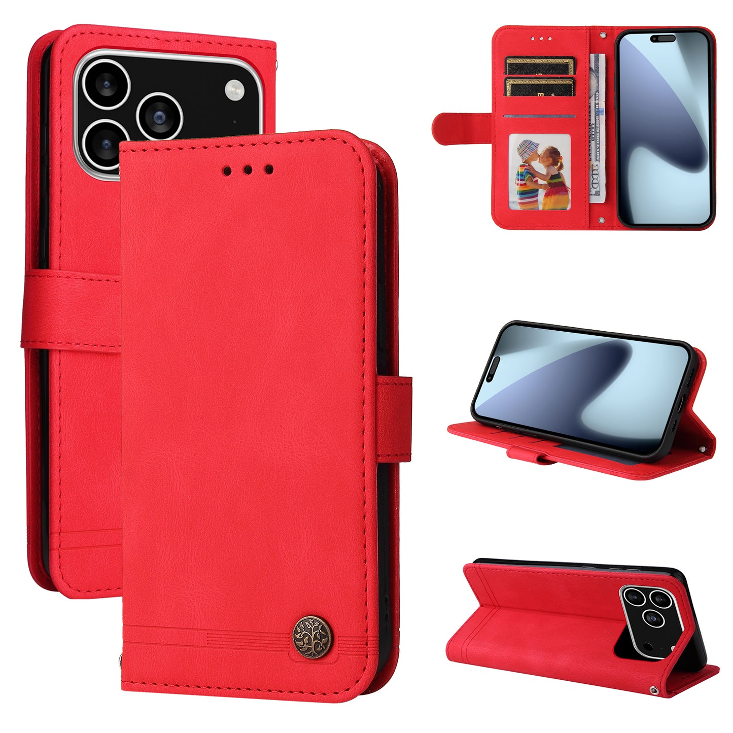 For iPhone 17 Pro Leather Wallet Cases Skin Touch Phone Cover Stand with Strap - Red