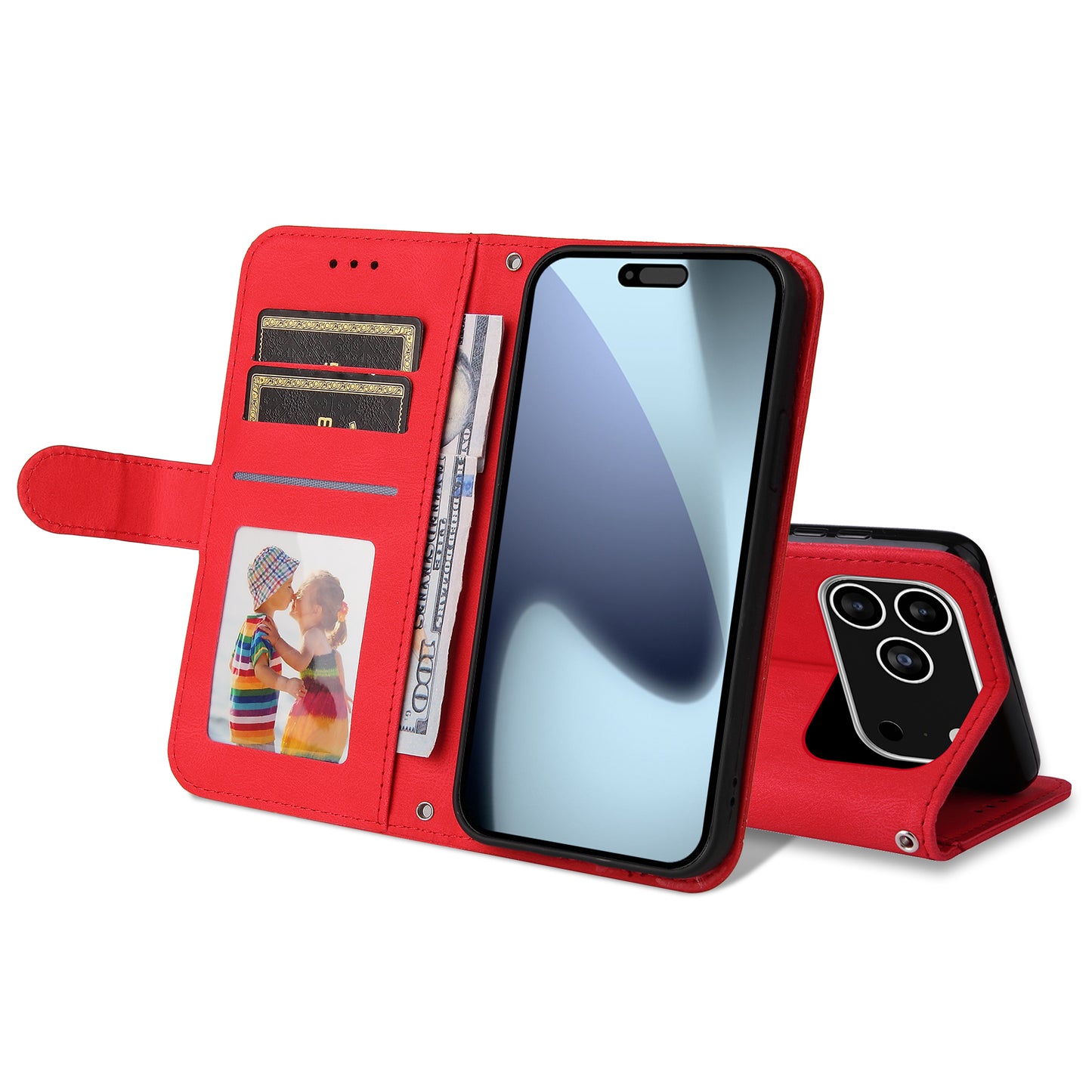 For iPhone 17 Pro Leather Wallet Cases Skin Touch Phone Cover Stand with Strap - Red