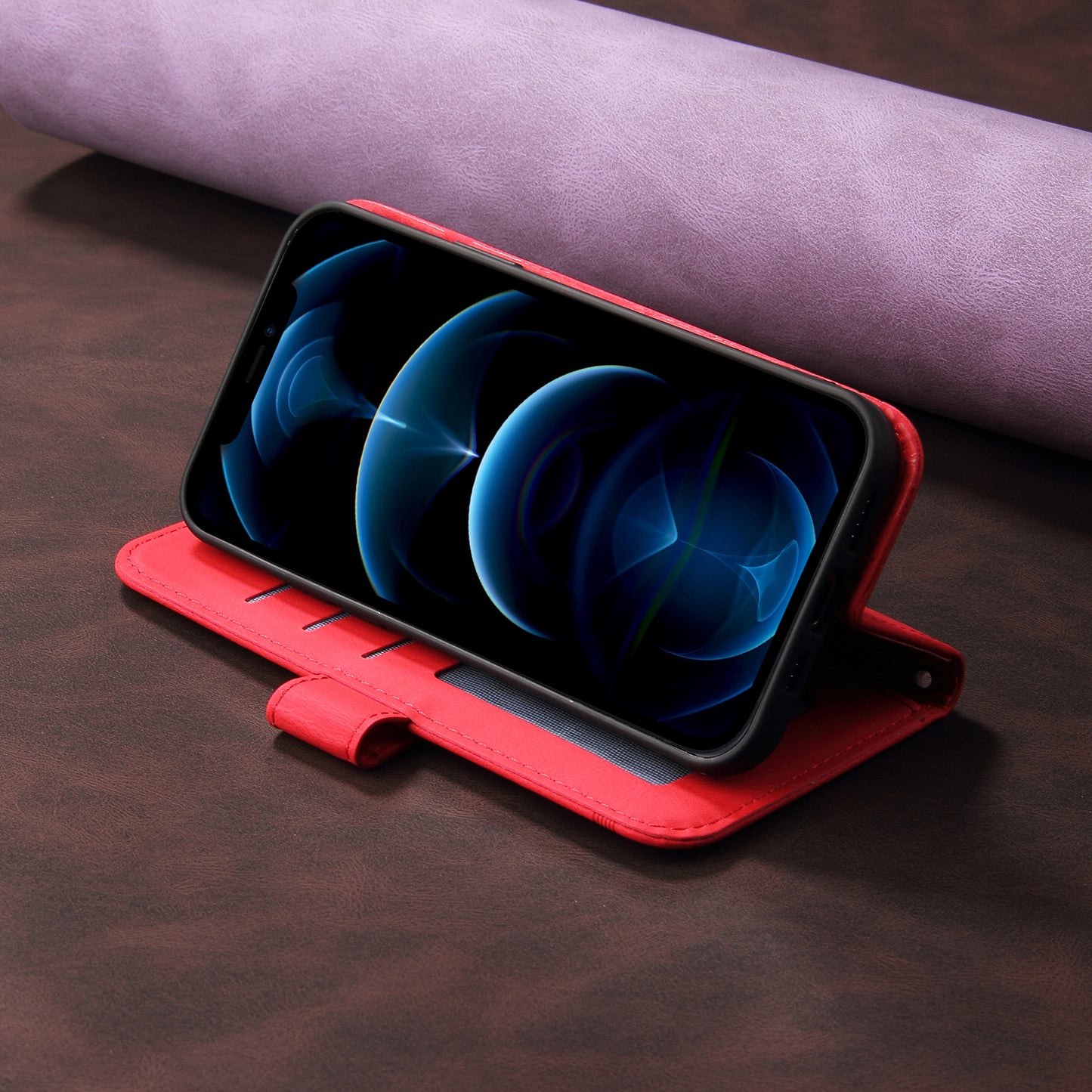 For iPhone 17 Pro Leather Wallet Cases Skin Touch Phone Cover Stand with Strap - Red