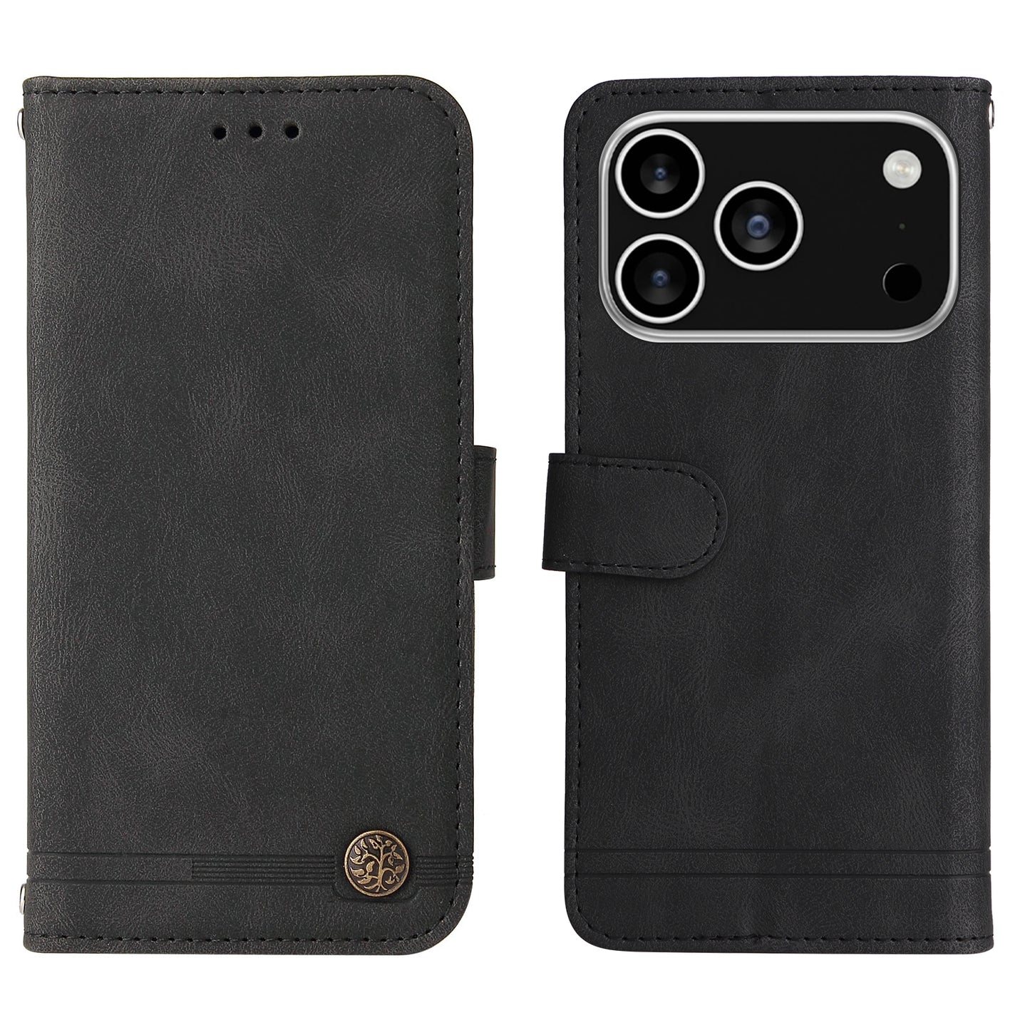 For iPhone 17 Pro Leather Wallet Cases Skin Touch Phone Cover Stand with Strap - Black