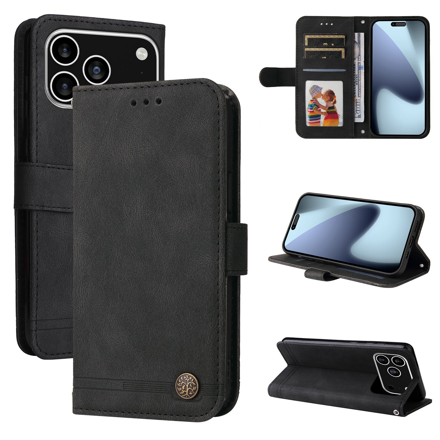 For iPhone 17 Pro Leather Wallet Cases Skin Touch Phone Cover Stand with Strap - Black