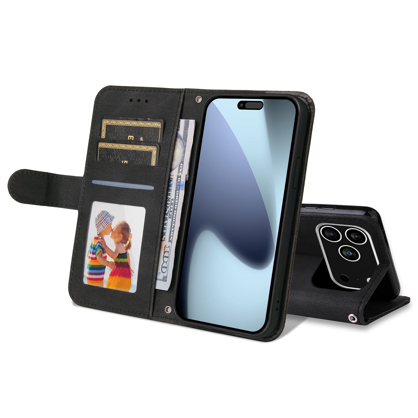 For iPhone 17 Pro Leather Wallet Cases Skin Touch Phone Cover Stand with Strap - Black