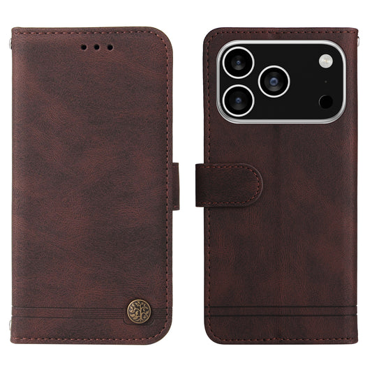 For iPhone 17 Pro Leather Wallet Cases Skin Touch Phone Cover Stand with Strap - Brown