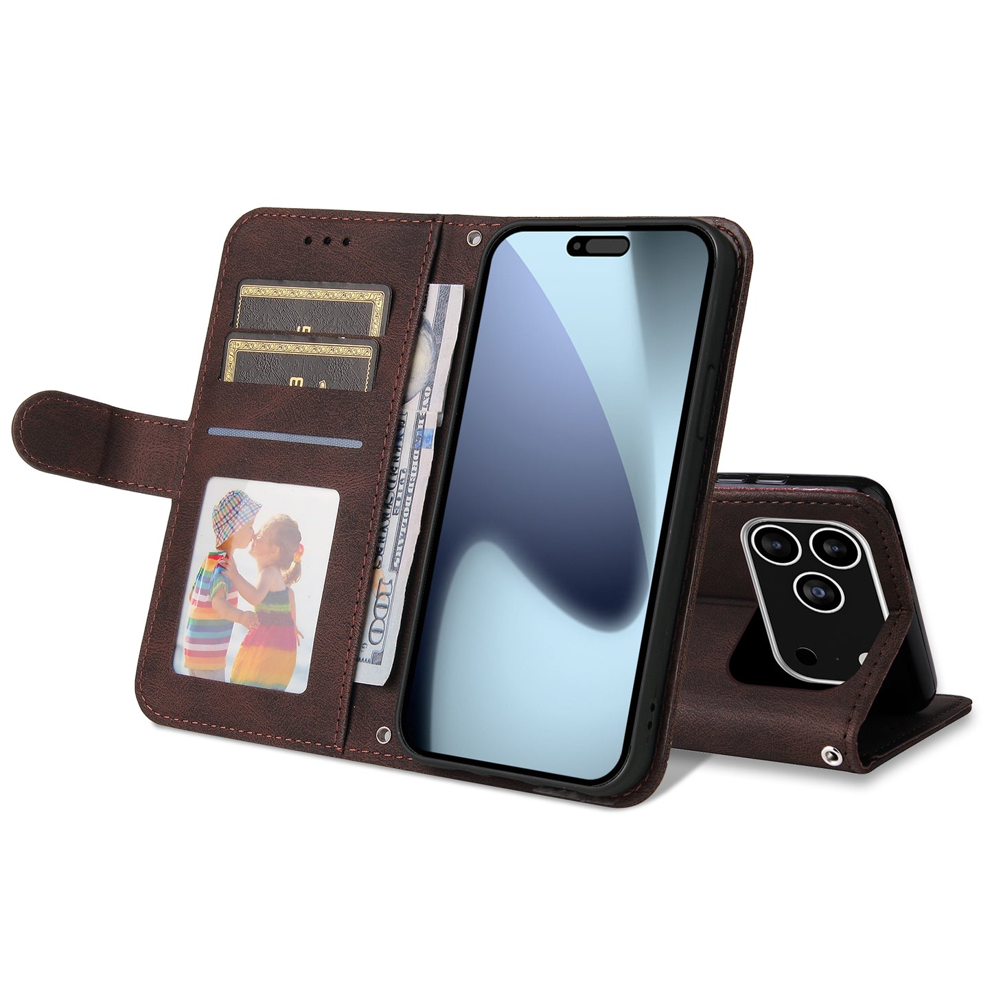 For iPhone 17 Pro Leather Wallet Cases Skin Touch Phone Cover Stand with Strap - Brown