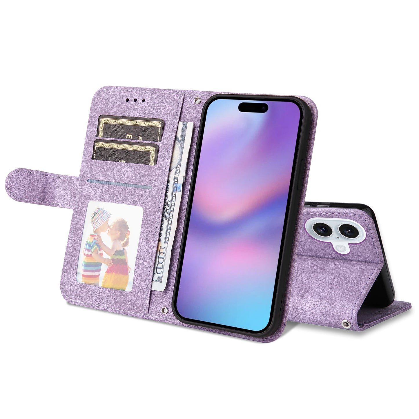 For iPhone 17 Leather Wallet Cases Skin Touch Phone Cover Stand with Strap - Purple