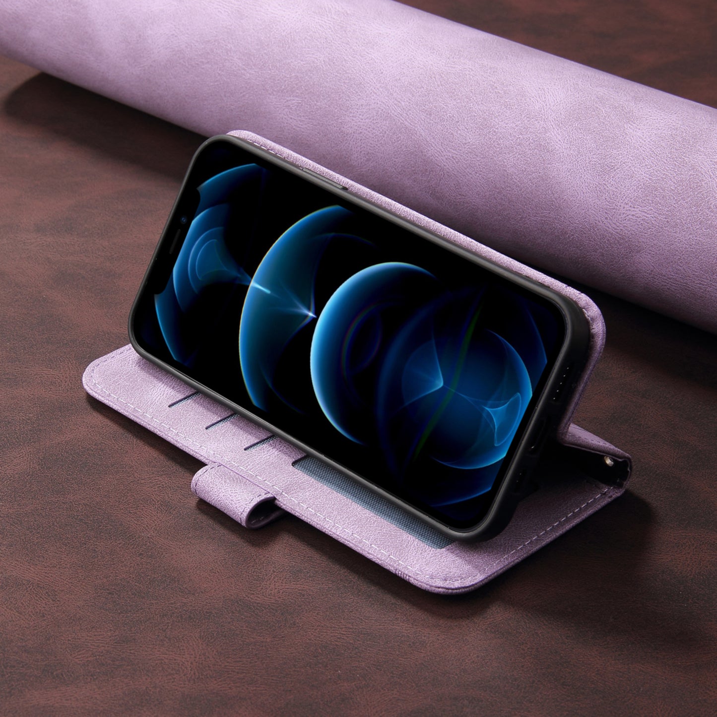 For iPhone 17 Leather Wallet Cases Skin Touch Phone Cover Stand with Strap - Purple