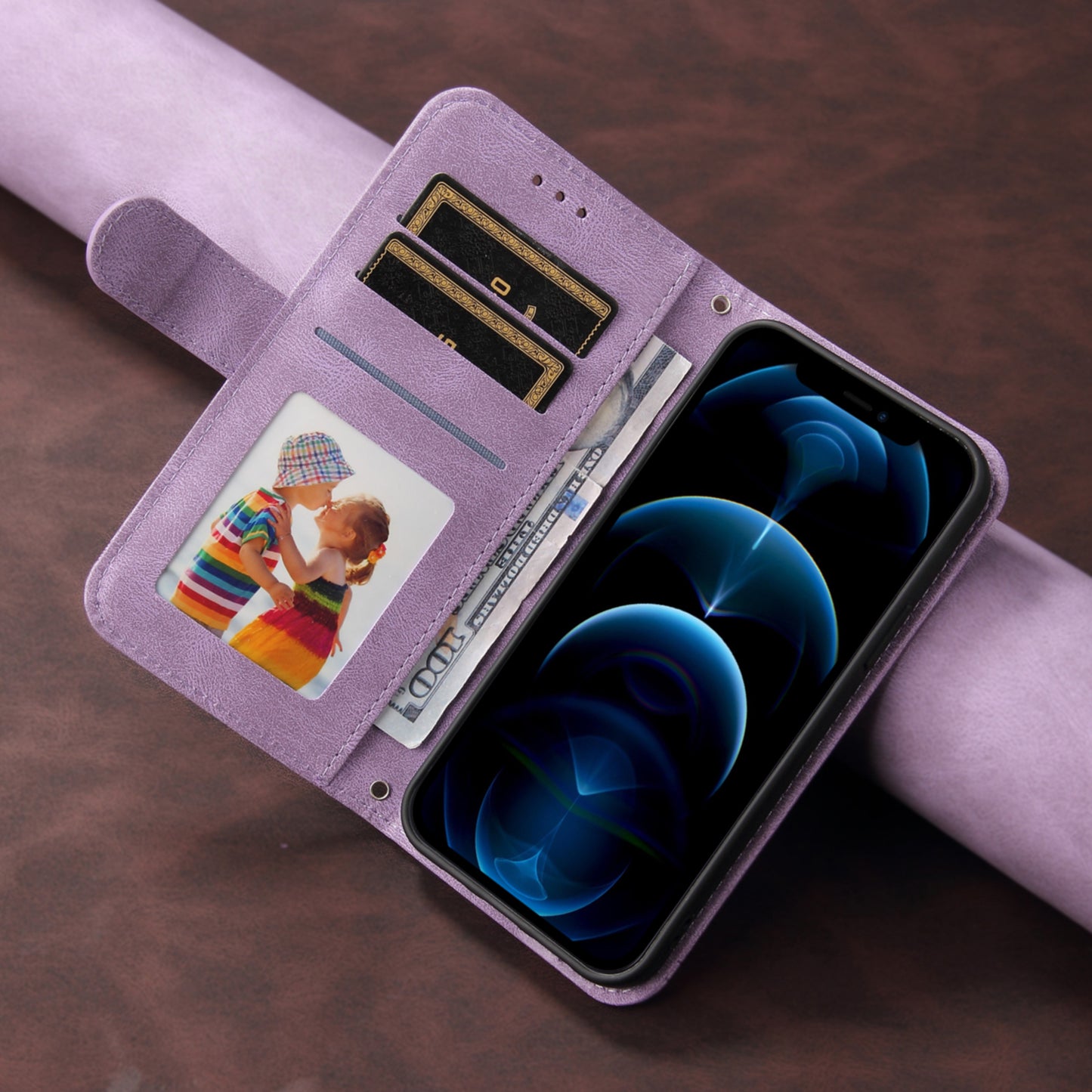 For iPhone 17 Leather Wallet Cases Skin Touch Phone Cover Stand with Strap - Purple