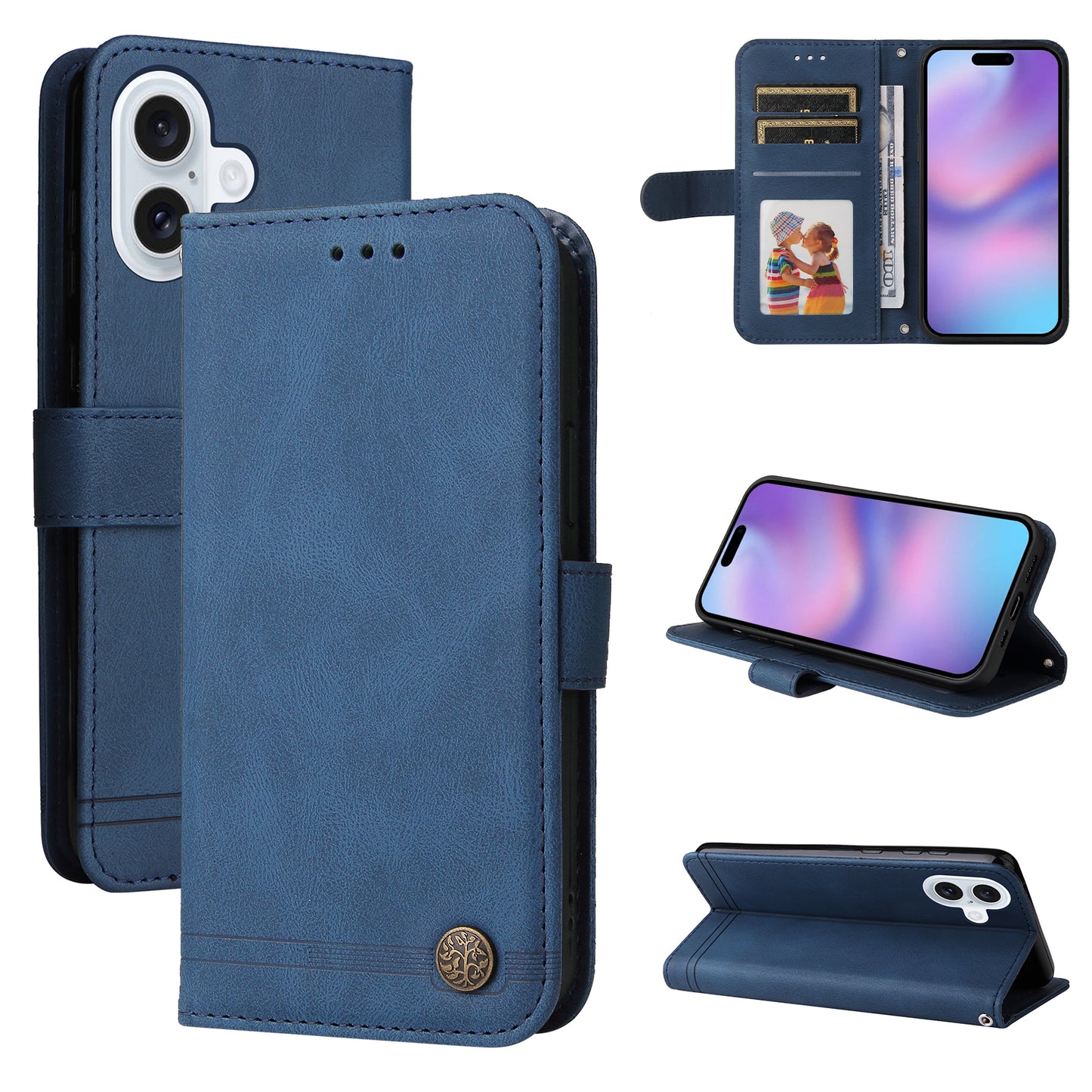 For iPhone 17 Leather Wallet Cases Skin Touch Phone Cover Stand with Strap - Blue