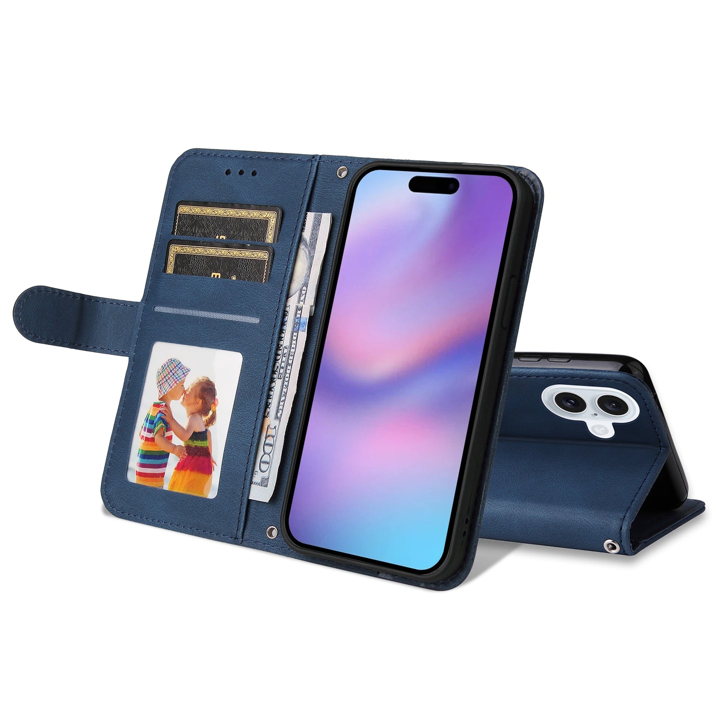 For iPhone 17 Leather Wallet Cases Skin Touch Phone Cover Stand with Strap - Blue