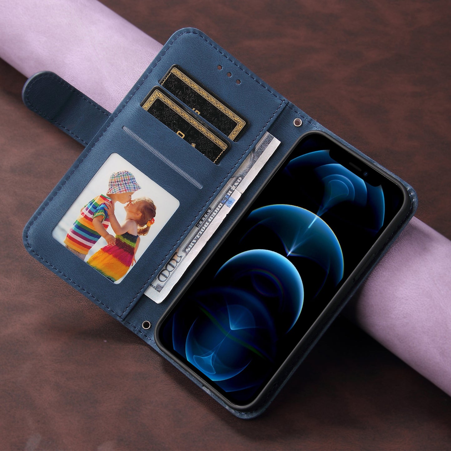 For iPhone 17 Leather Wallet Cases Skin Touch Phone Cover Stand with Strap - Blue