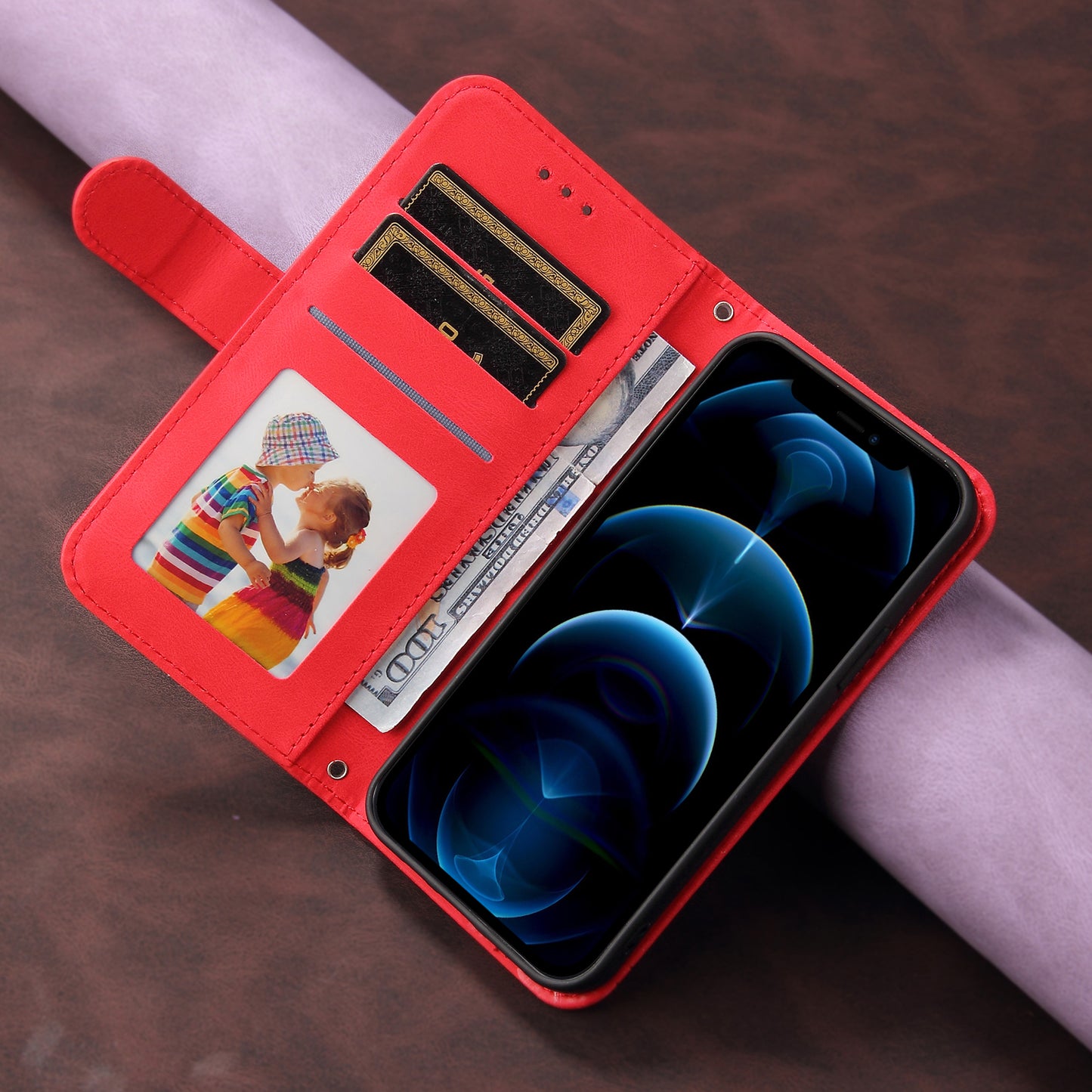 For iPhone 17 Leather Wallet Cases Skin Touch Phone Cover Stand with Strap - Red