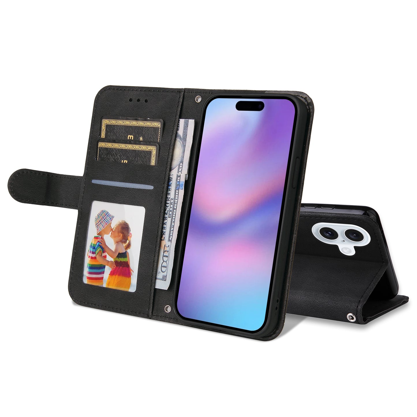 For iPhone 17 Leather Wallet Cases Skin Touch Phone Cover Stand with Strap - Black