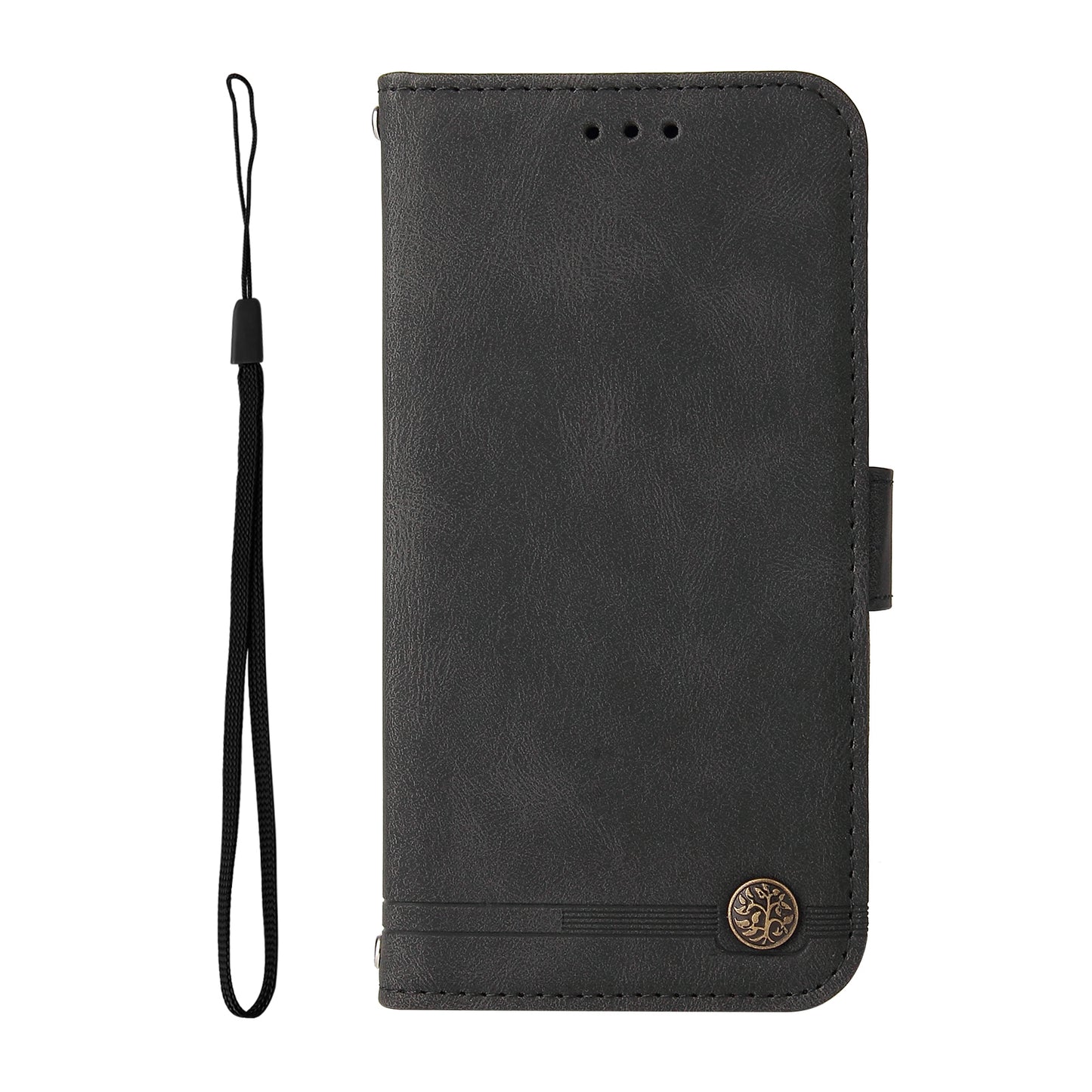 For iPhone 17 Leather Wallet Cases Skin Touch Phone Cover Stand with Strap - Black