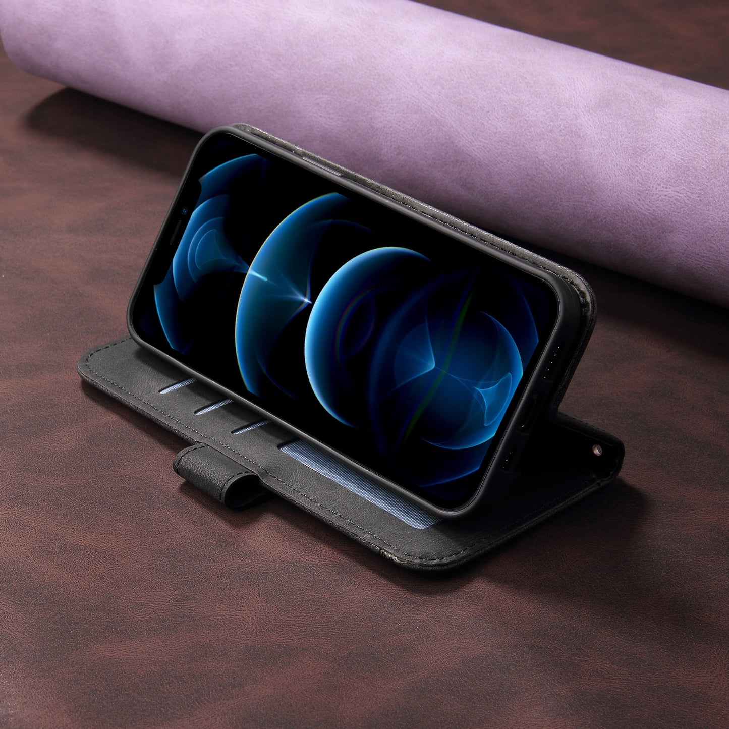 For iPhone 17 Leather Wallet Cases Skin Touch Phone Cover Stand with Strap - Black