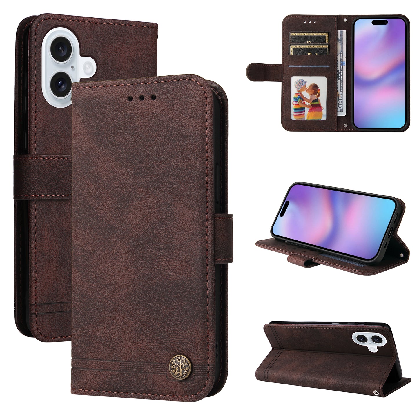 For iPhone 17 Leather Wallet Cases Skin Touch Phone Cover Stand with Strap - Brown