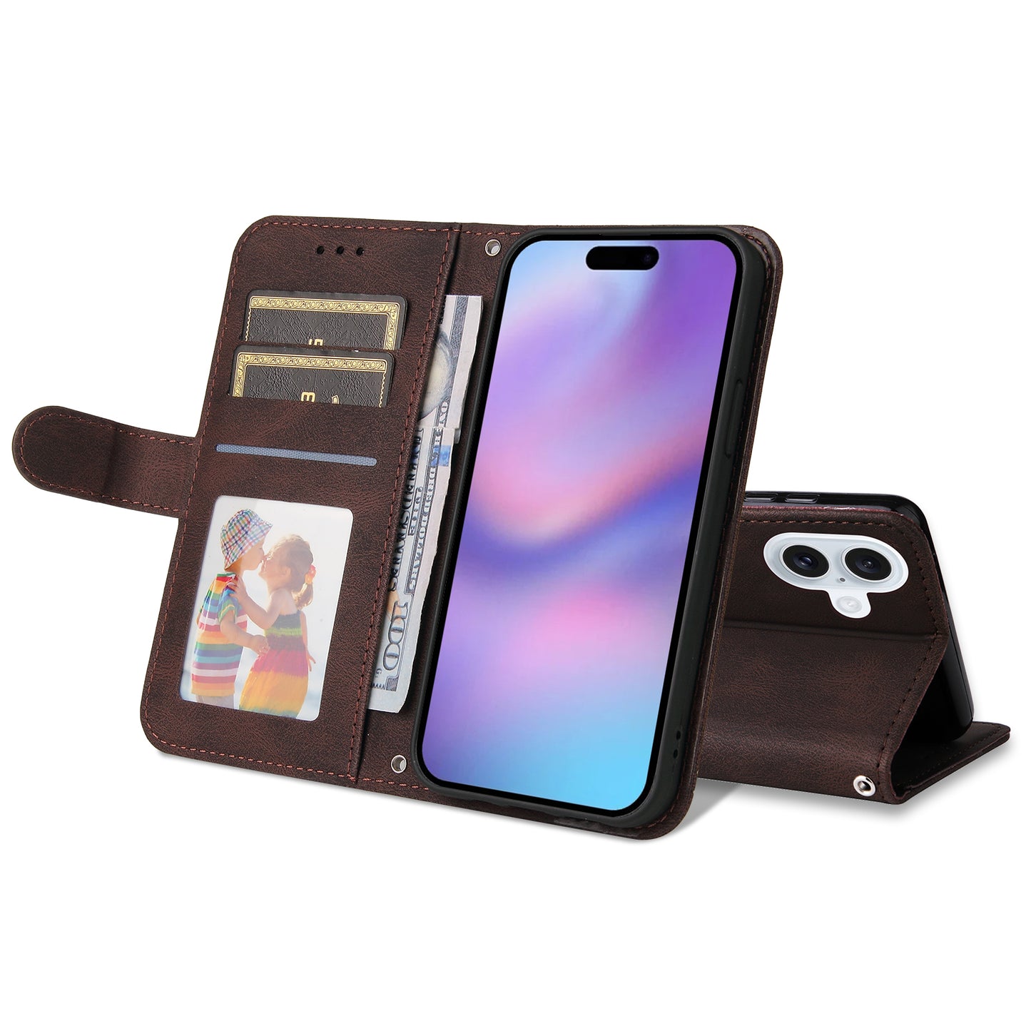 For iPhone 17 Leather Wallet Cases Skin Touch Phone Cover Stand with Strap - Brown
