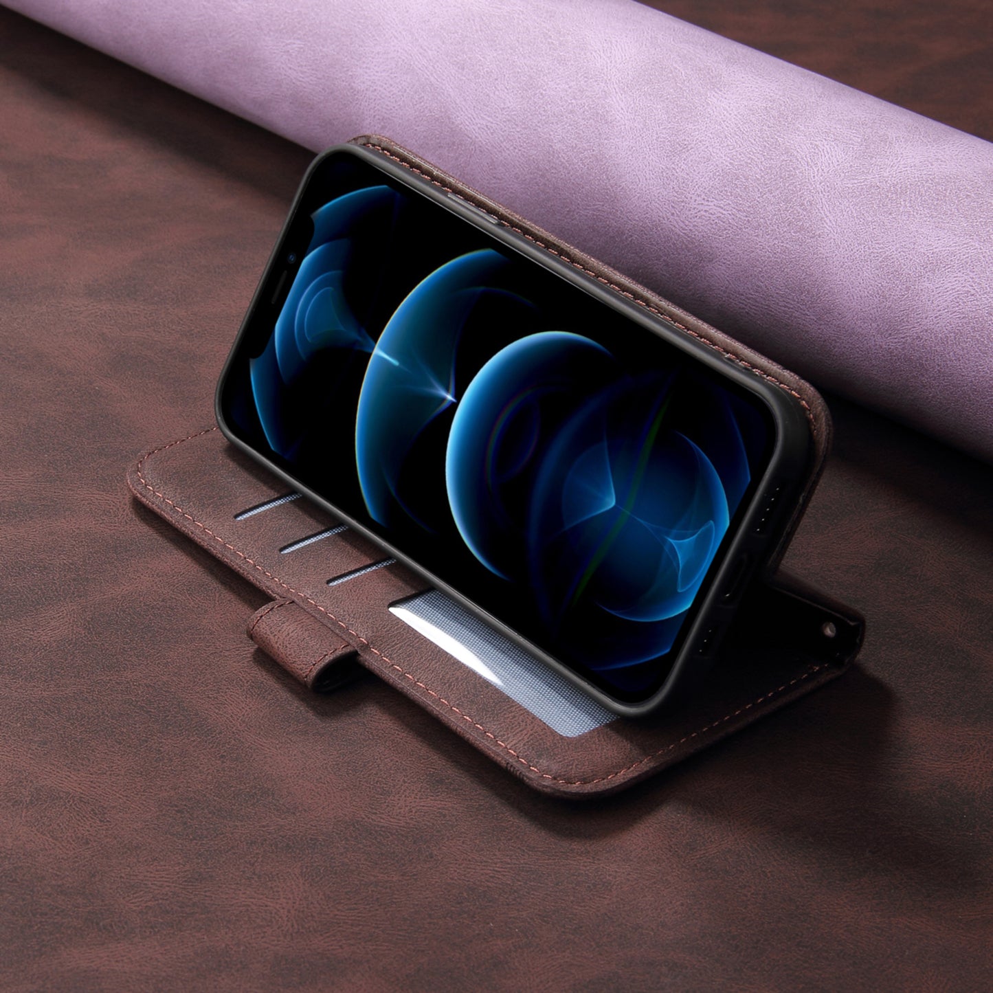 For iPhone 17 Leather Wallet Cases Skin Touch Phone Cover Stand with Strap - Brown