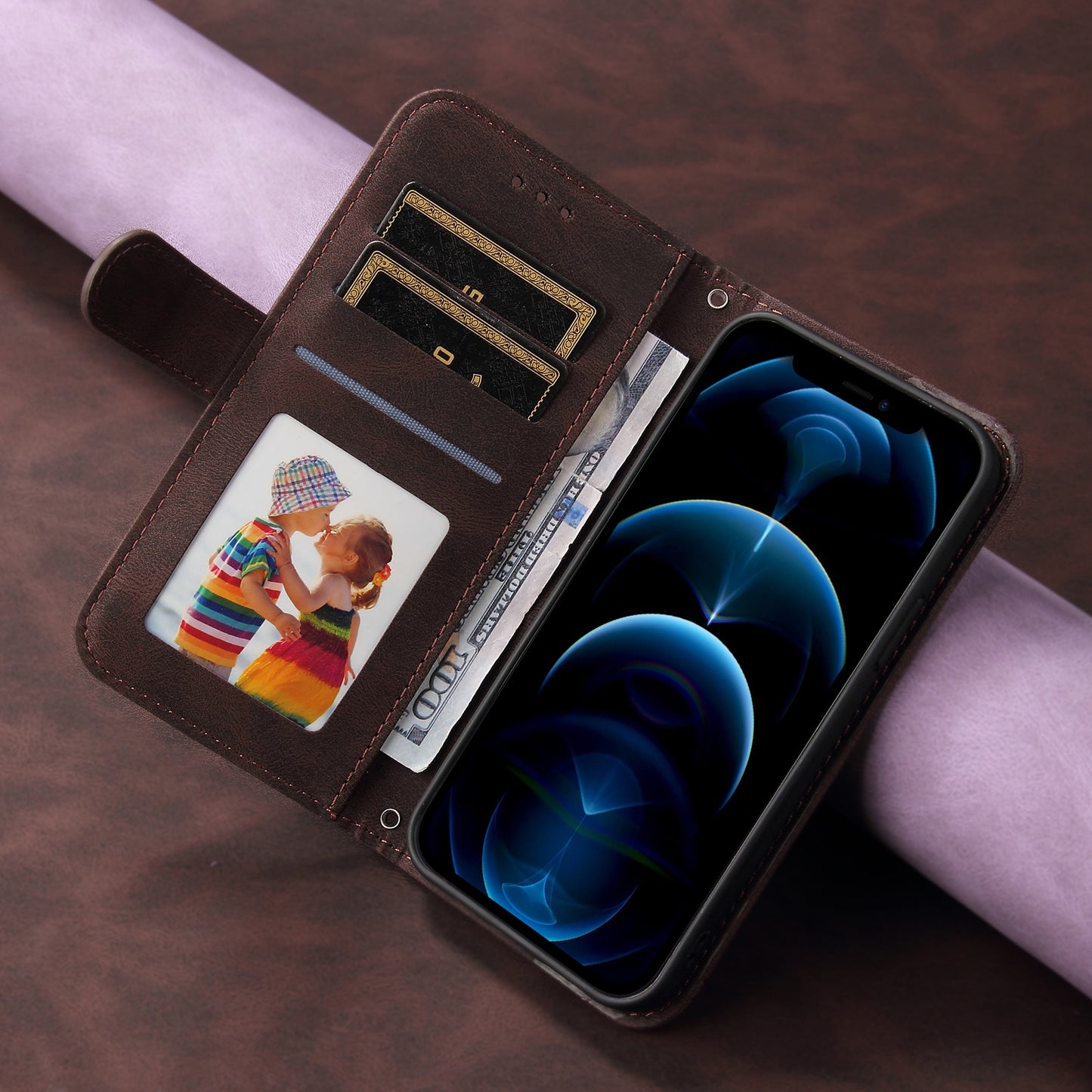 For iPhone 17 Leather Wallet Cases Skin Touch Phone Cover Stand with Strap - Brown