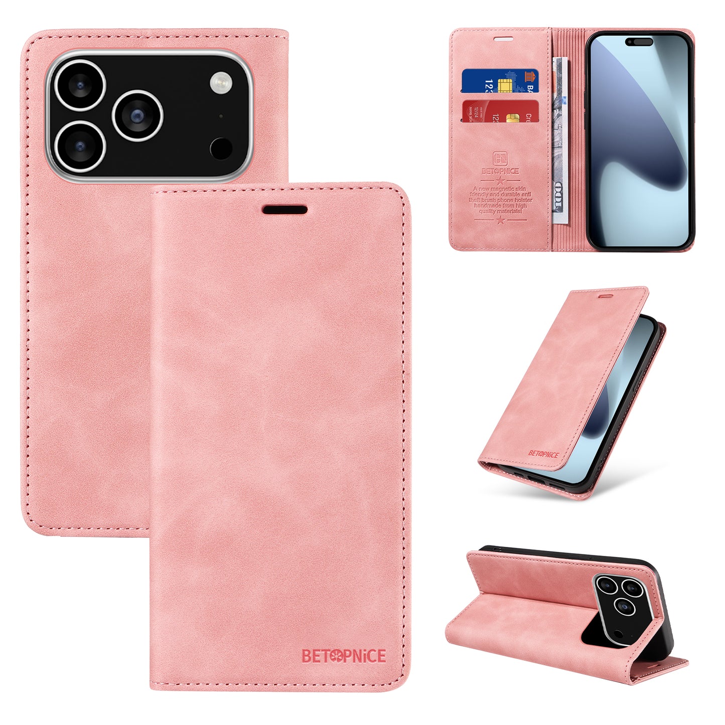 For iPhone 17 Pro Case BETOPNICE Magnetic Closure RFID Blocking Wallet Stand Leather Phone Cover - Pink