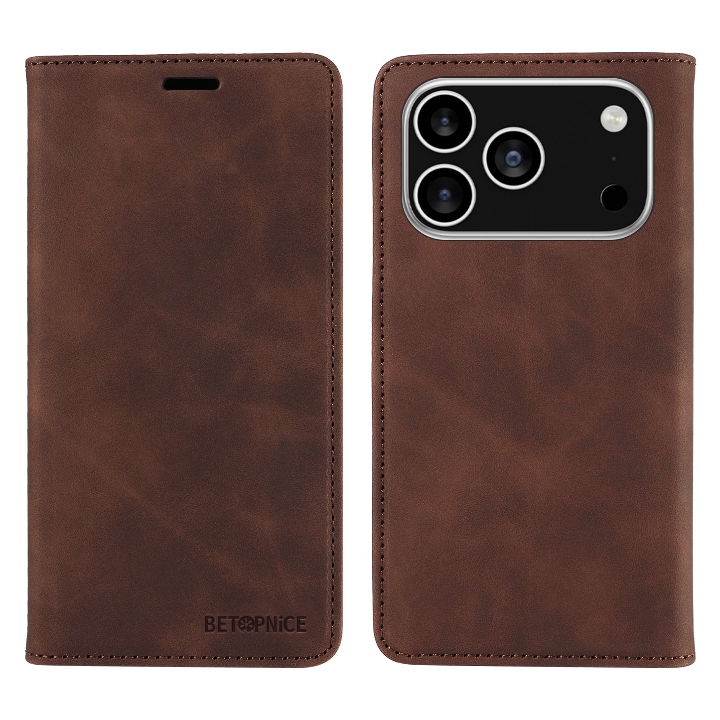For iPhone 17 Pro Case BETOPNICE Magnetic Closure RFID Blocking Wallet Stand Leather Phone Cover - Brown