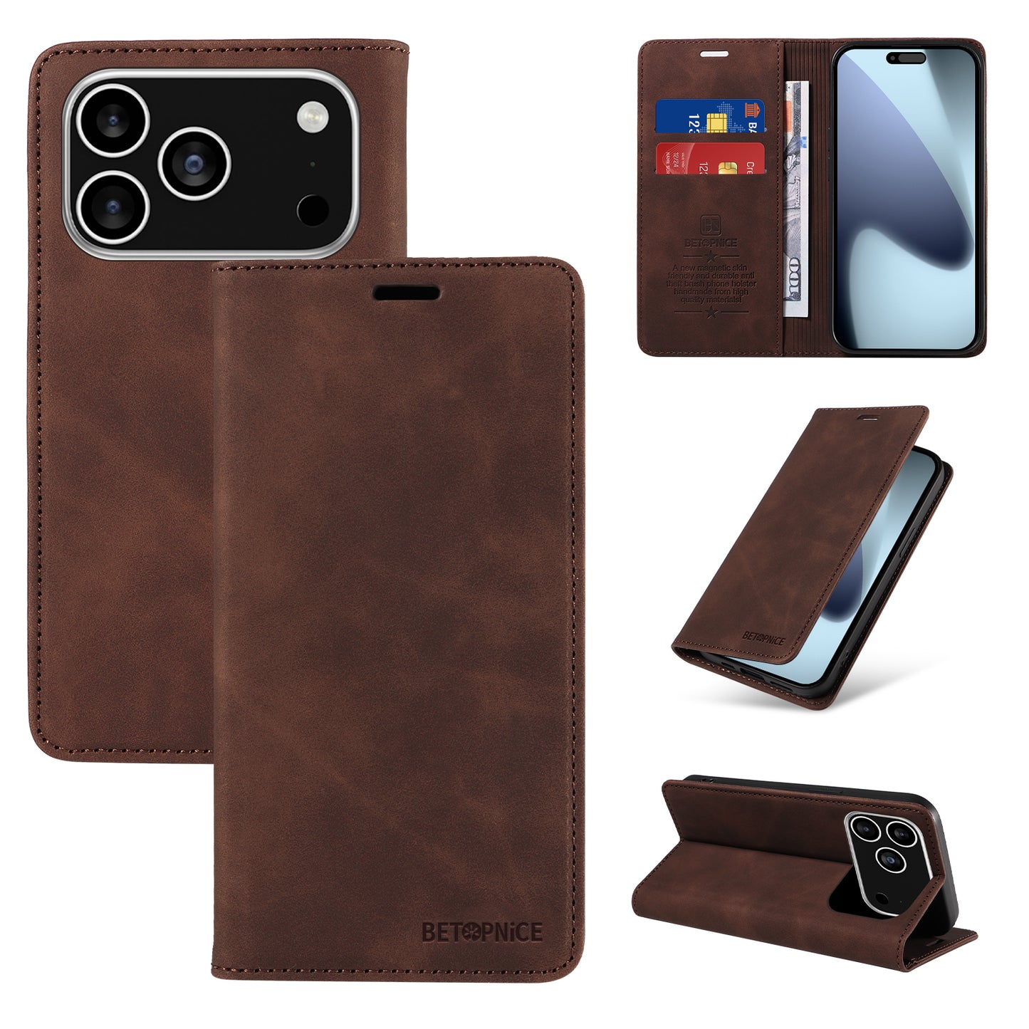 For iPhone 17 Pro Case BETOPNICE Magnetic Closure RFID Blocking Wallet Stand Leather Phone Cover - Brown