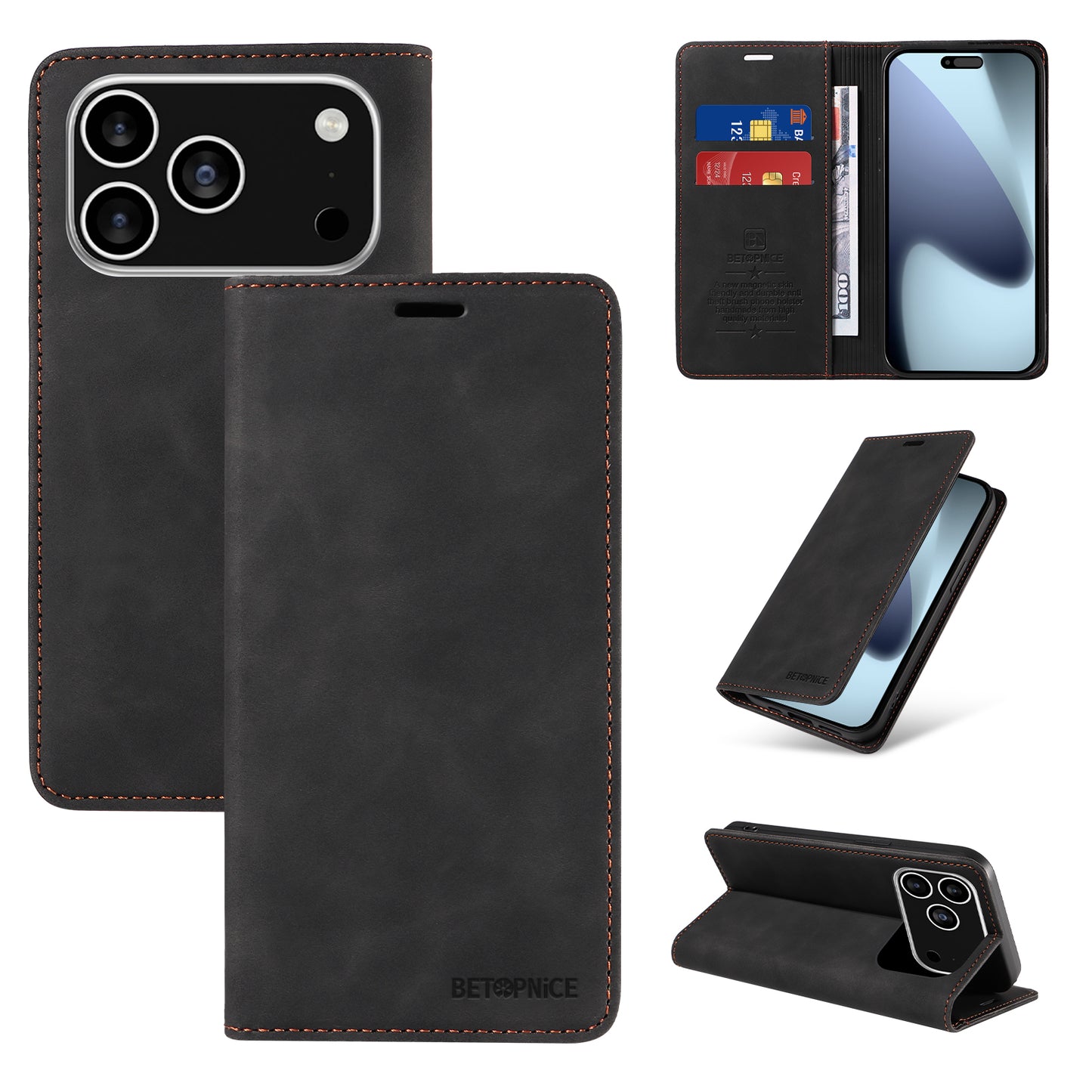 For iPhone 17 Pro Case BETOPNICE Magnetic Closure RFID Blocking Wallet Stand Leather Phone Cover - Black