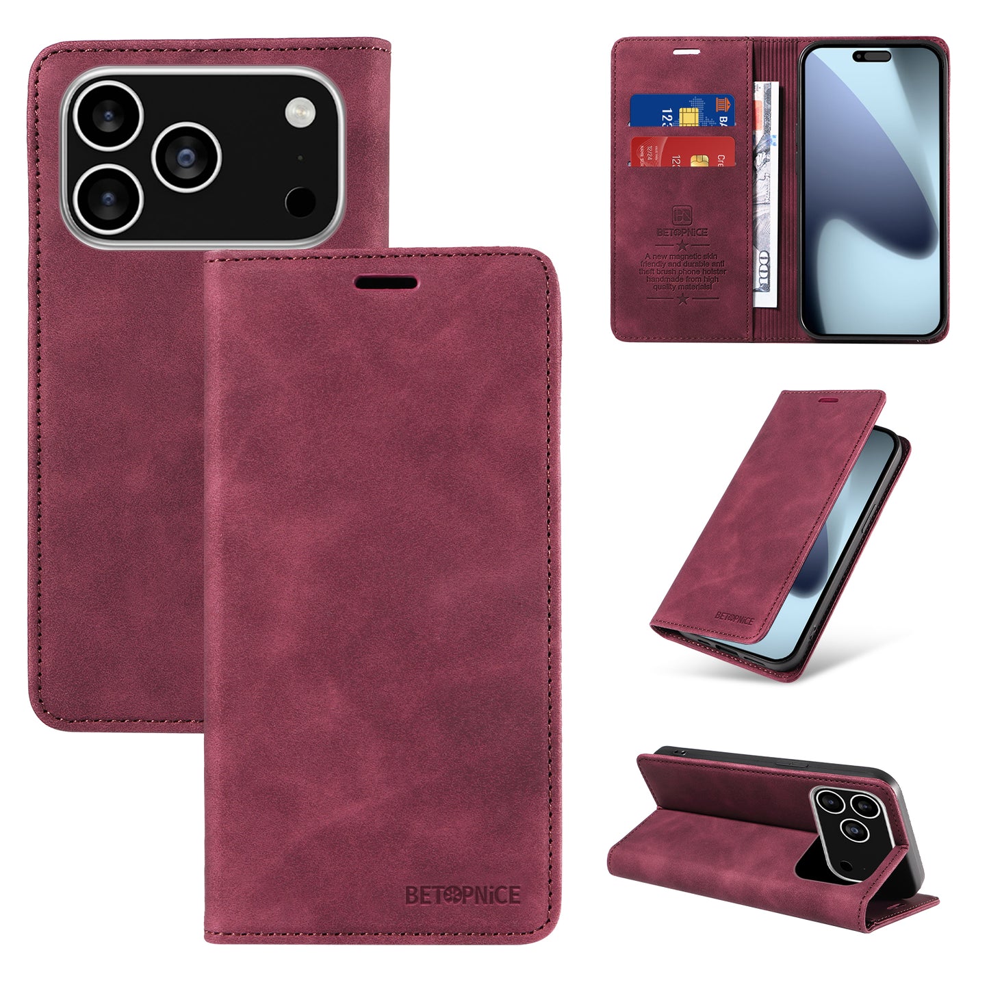 For iPhone 17 Pro Case BETOPNICE Magnetic Closure RFID Blocking Wallet Stand Leather Phone Cover - Red