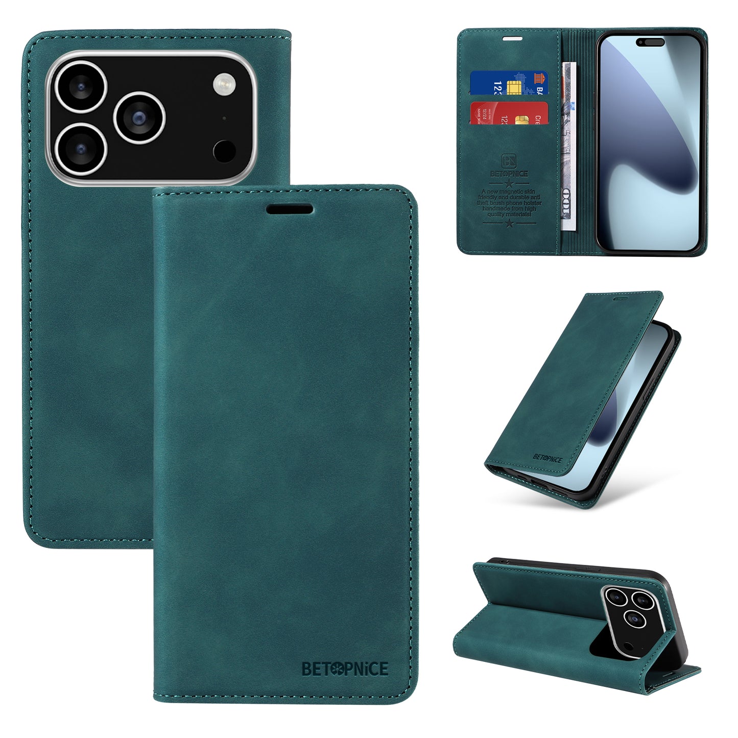 For iPhone 17 Pro Case BETOPNICE Magnetic Closure RFID Blocking Wallet Stand Leather Phone Cover - Green
