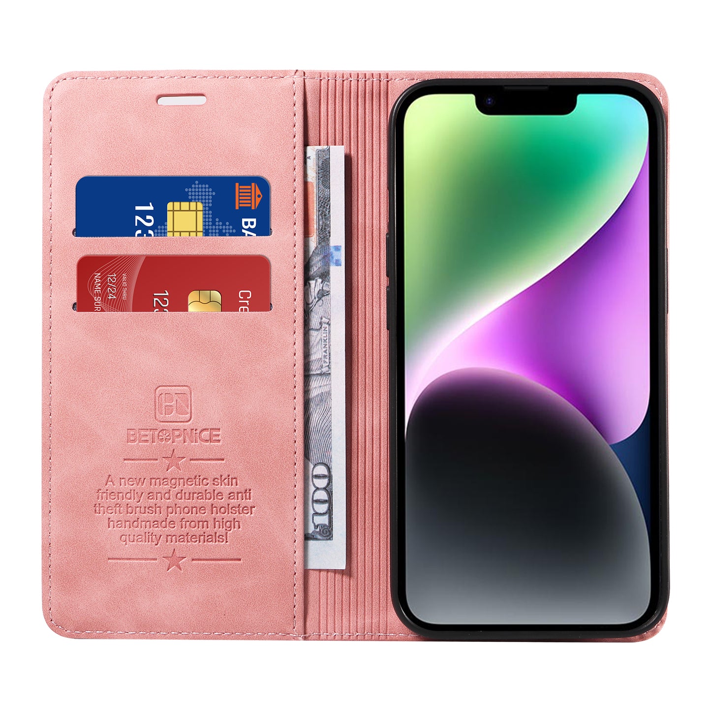 For iPhone 17 Case BETOPNICE Magnetic Closure RFID Blocking Wallet Stand Leather Phone Cover - Pink