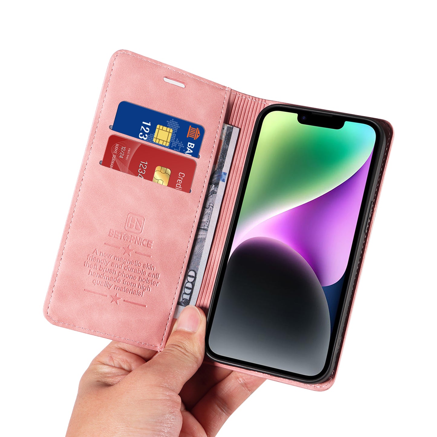 For iPhone 17 Case BETOPNICE Magnetic Closure RFID Blocking Wallet Stand Leather Phone Cover - Pink