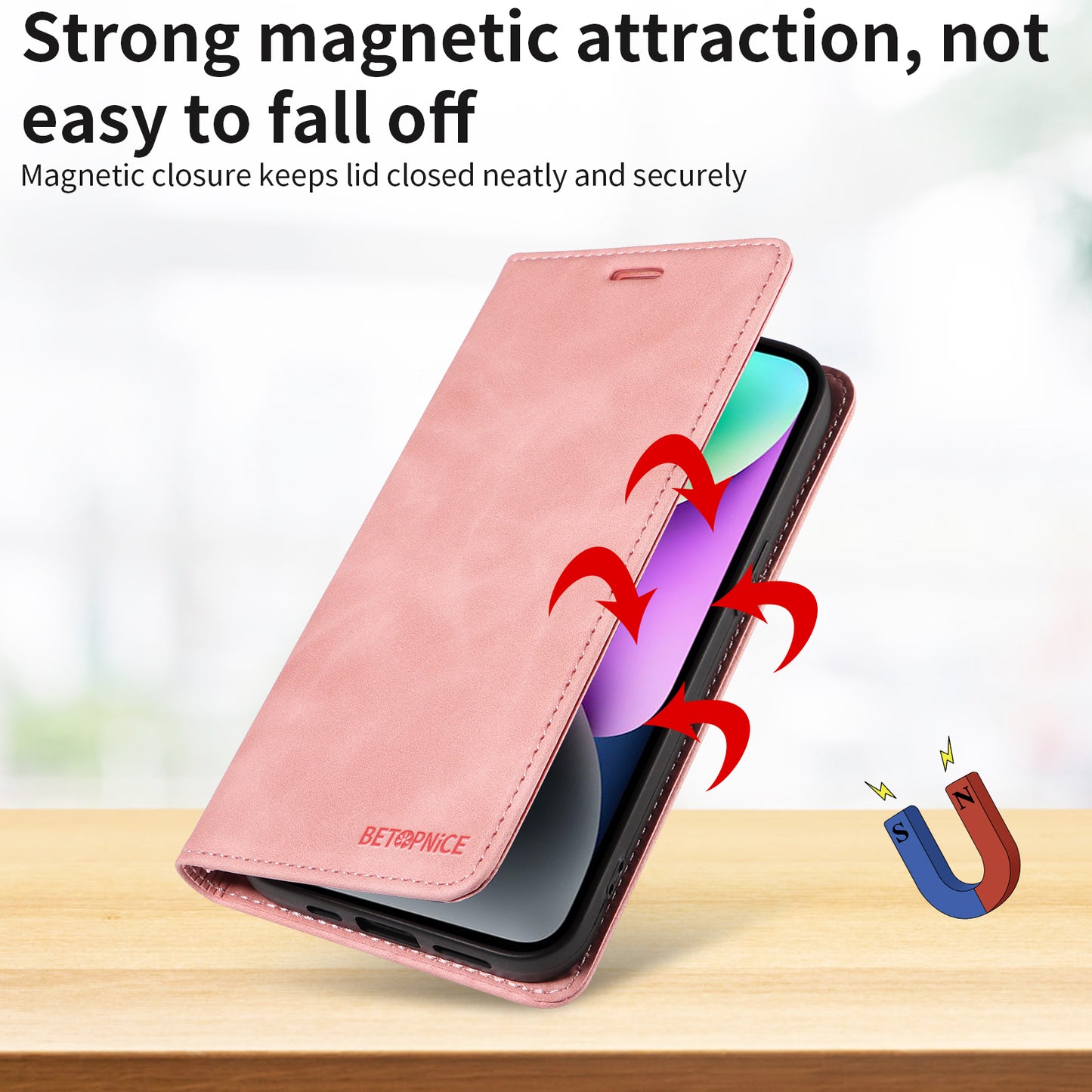 For iPhone 17 Case BETOPNICE Magnetic Closure RFID Blocking Wallet Stand Leather Phone Cover - Pink
