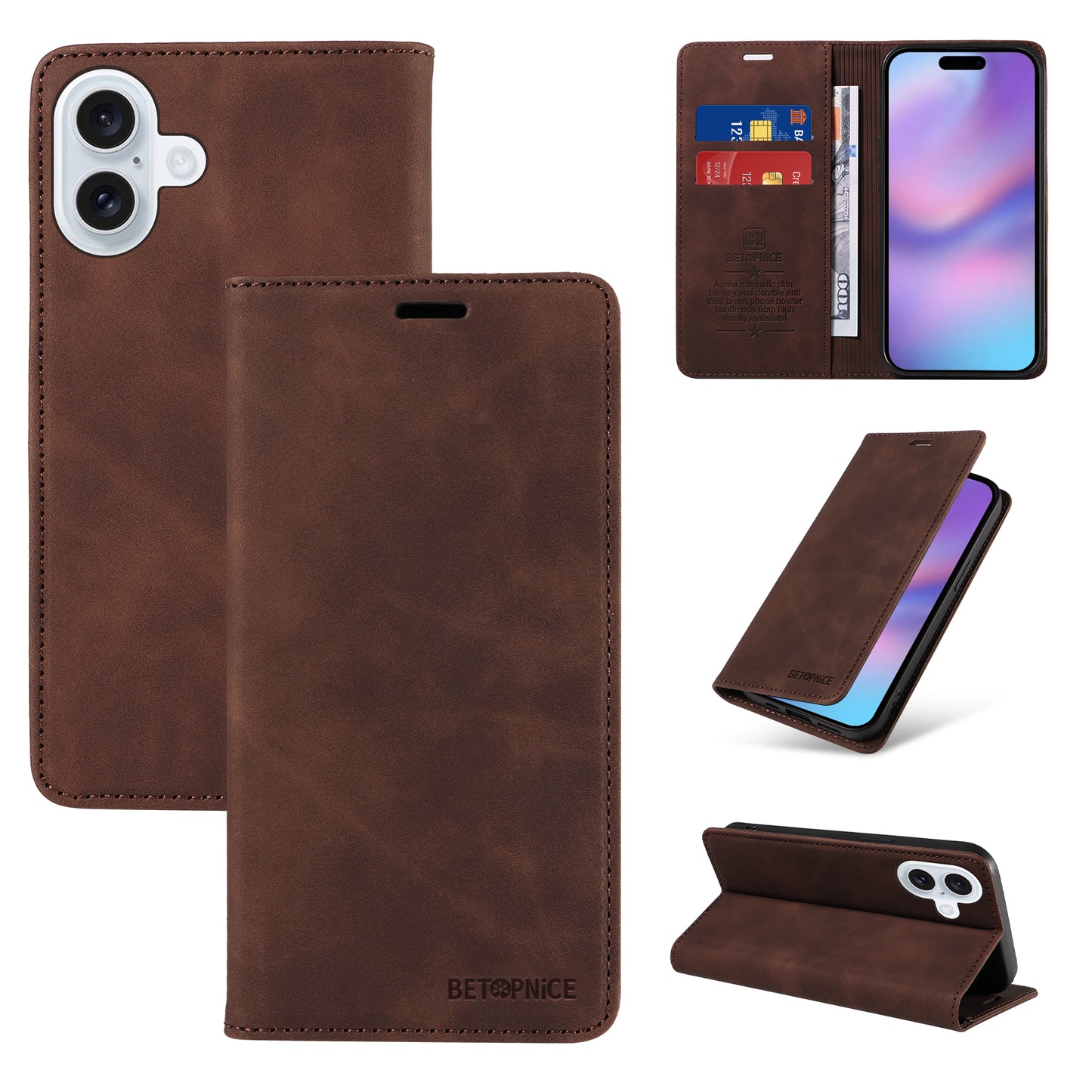 For iPhone 17 Case BETOPNICE Magnetic Closure RFID Blocking Wallet Stand Leather Phone Cover - Brown