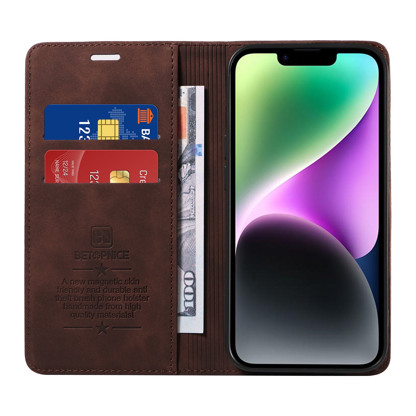 For iPhone 17 Case BETOPNICE Magnetic Closure RFID Blocking Wallet Stand Leather Phone Cover - Brown