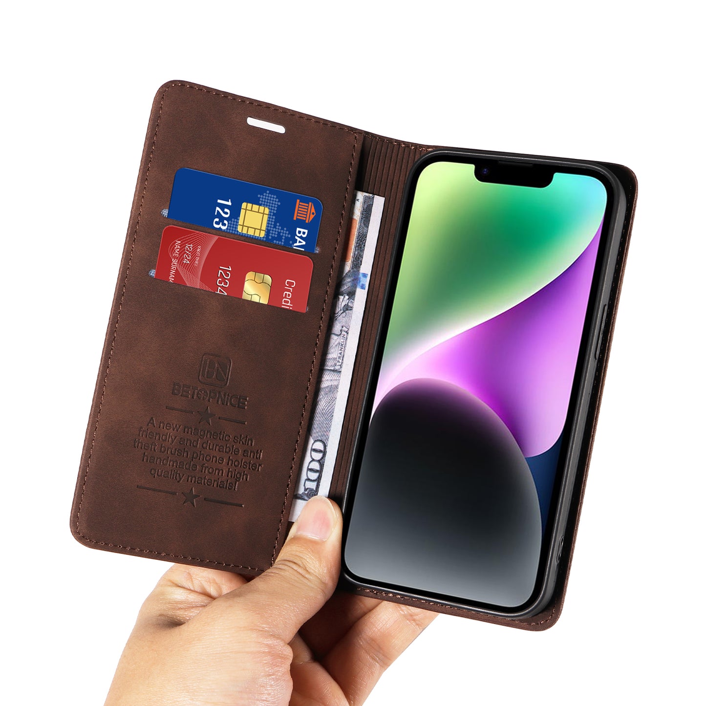 For iPhone 17 Case BETOPNICE Magnetic Closure RFID Blocking Wallet Stand Leather Phone Cover - Brown