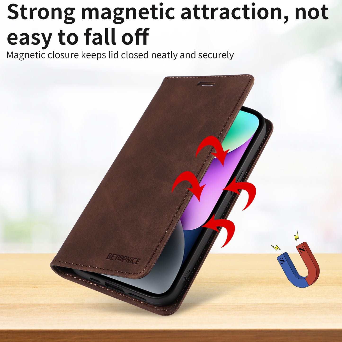 For iPhone 17 Case BETOPNICE Magnetic Closure RFID Blocking Wallet Stand Leather Phone Cover - Brown