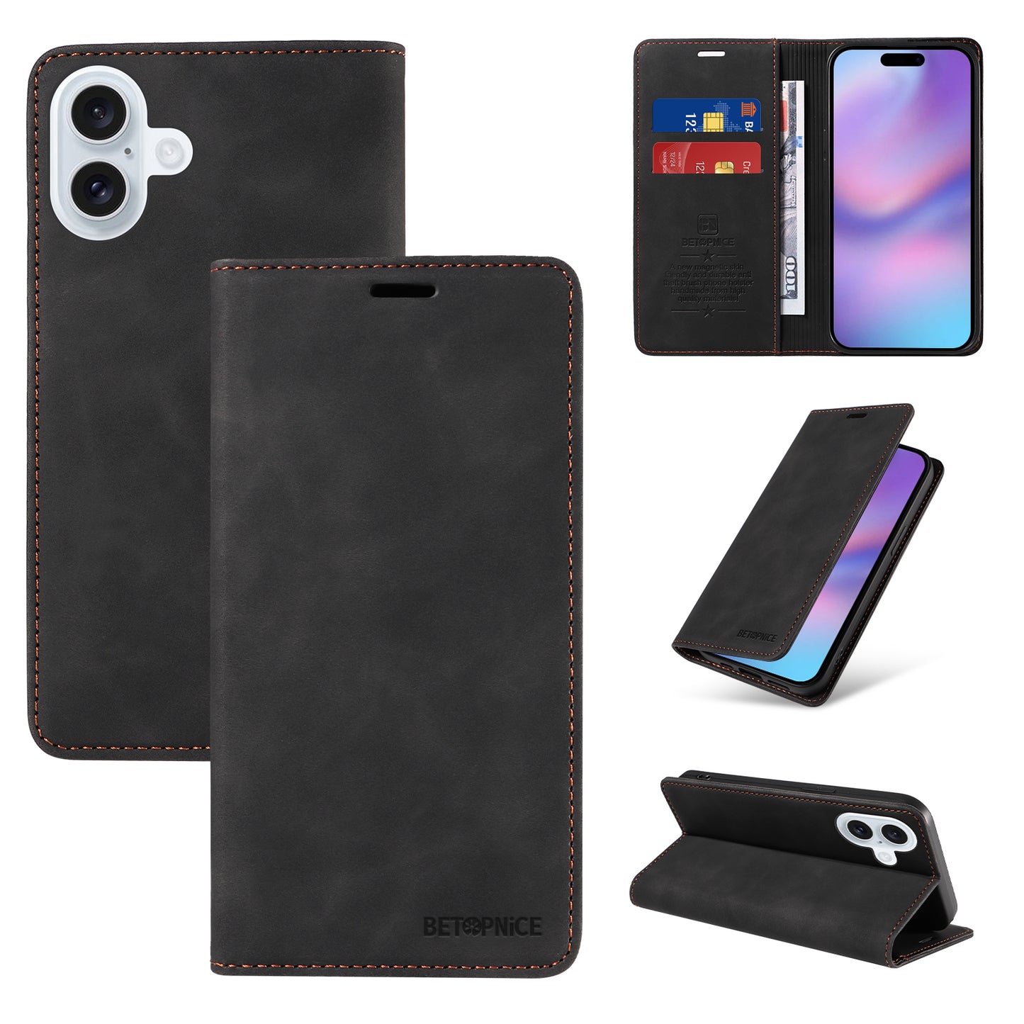 For iPhone 17 Case BETOPNICE Magnetic Closure RFID Blocking Wallet Stand Leather Phone Cover - Black