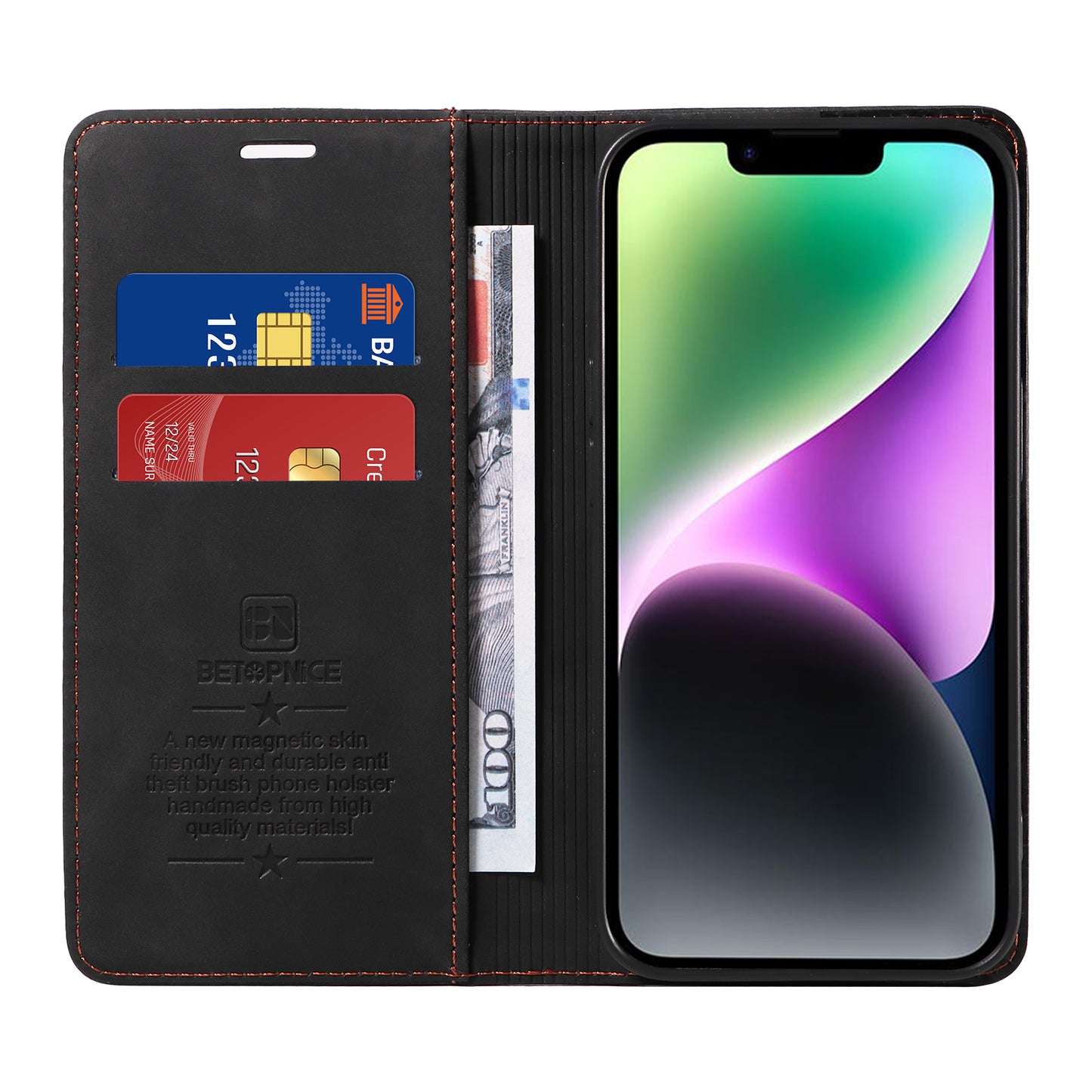 For iPhone 17 Case BETOPNICE Magnetic Closure RFID Blocking Wallet Stand Leather Phone Cover - Black